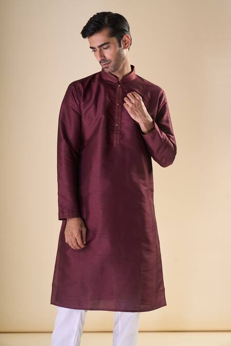 Shop_Arihant Rai Sinha_Maroon , Satin Band Collar Solid Kurta_Online_at_Aza_Fashions