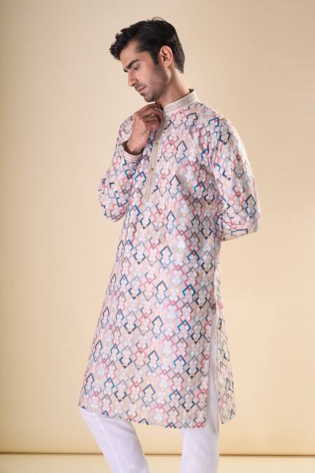 Shop_Arihant Rai Sinha_Multi Color Cotton Geometric Pattern Kurta_Online_at_Aza_Fashions