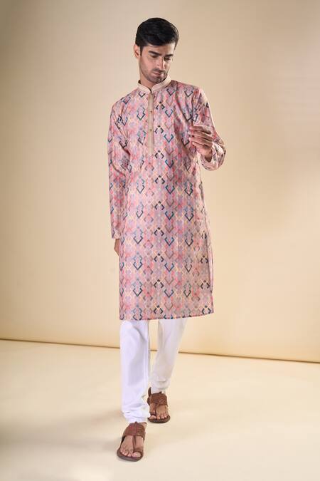 Buy_Arihant Rai Sinha_Peach Cotton Embroidery Geometric Pattern Straight Kurta_Online_at_Aza_Fashions