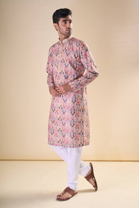 Shop_Arihant Rai Sinha_Peach Cotton Embroidery Geometric Pattern Straight Kurta_Online_at_Aza_Fashions