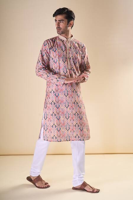 Arihant Rai Sinha_Peach Cotton Embroidery Geometric Pattern Straight Kurta_at_Aza_Fashions