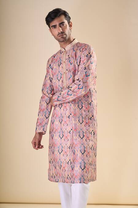 Buy_Arihant Rai Sinha_Peach Cotton Embroidery Geometric Pattern Straight Kurta