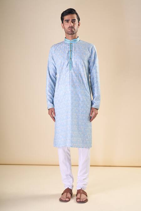 Arihant Rai Sinha_Blue Cotton Sequins Detailed Straight Kurta_Online_at_Aza_Fashions