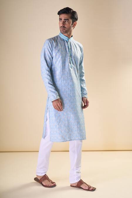Shop_Arihant Rai Sinha_Blue Cotton Sequins Detailed Straight Kurta_Online_at_Aza_Fashions