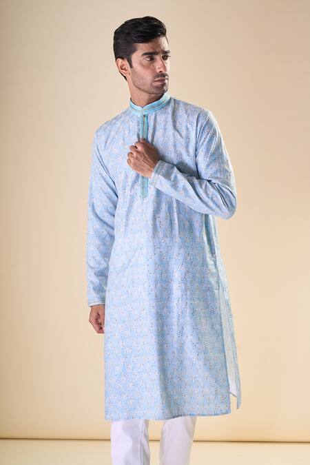 Arihant Rai Sinha_Blue Cotton Sequins Detailed Straight Kurta_at_Aza_Fashions