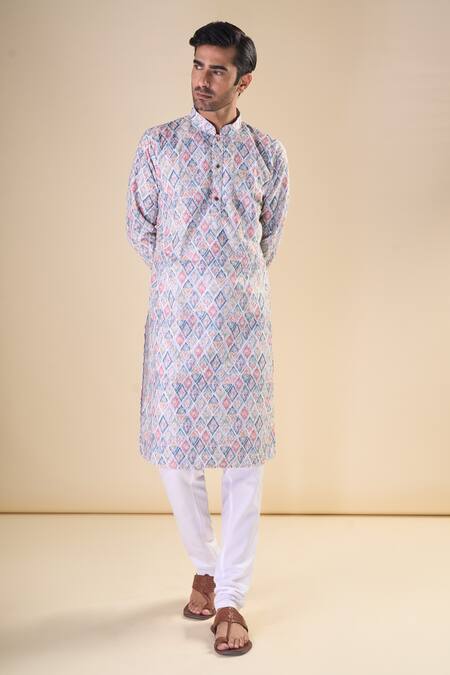 Buy_Arihant Rai Sinha_Grey Cotton Embroidery Geometric Pattern Kurta_Online_at_Aza_Fashions