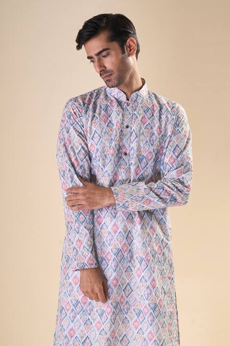 Shop_Arihant Rai Sinha_Grey Cotton Embroidery Geometric Pattern Kurta_Online_at_Aza_Fashions