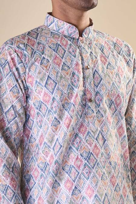 Arihant Rai Sinha_Grey Cotton Embroidery Geometric Pattern Kurta_at_Aza_Fashions