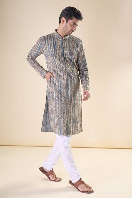 Buy_Arihant Rai Sinha_Blue Cotton Embroidery Geometric Pattern Straight Kurta_Online_at_Aza_Fashions
