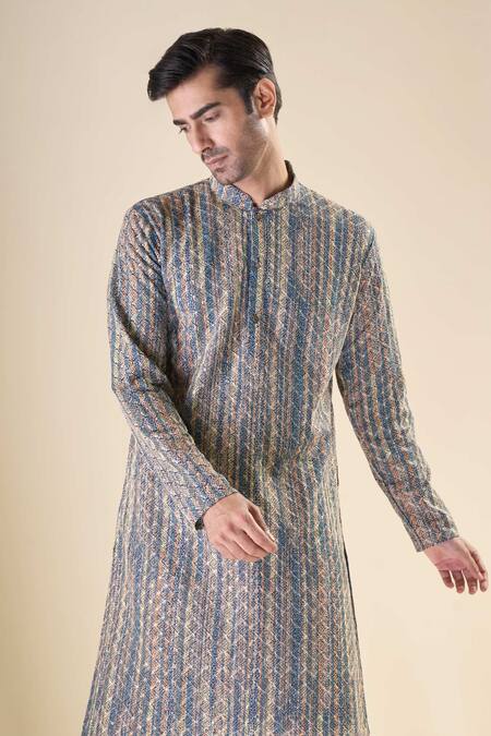 Shop_Arihant Rai Sinha_Blue Cotton Embroidery Geometric Pattern Straight Kurta_Online_at_Aza_Fashions
