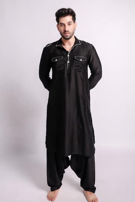 Bihart Black Chanderi Embroidered Kaaj Collared Anantha Pathani Kurta With Salwar 