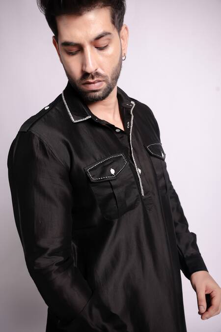 Buy_Bihart_Black Chanderi Embroidery Collared Anantha Kaaj Pathani Kurta With Salwar _Online_at_Aza_Fashions