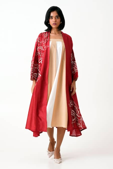 Madder Much Red Handloom Chanderi Silk Embroidery Floral Madder Dallas 2 Overlay Jacket 