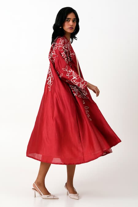 Shop Madder Much Red Chanderi Silk Embroidery Open Neck Madder Dallas 2 Overlay Jacket Online at Aza Fashions Shop_Madder Much_Red Chanderi Silk Embroidery Open Neck Madder Dallas 2 Overlay Jacket _Online_at_Aza_Fashions