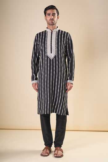 Arihant Rai Sinha_Black Silk Mirrors, Embroidery Work Straight Kurta With Pyjama _Online_at_Aza_Fashions