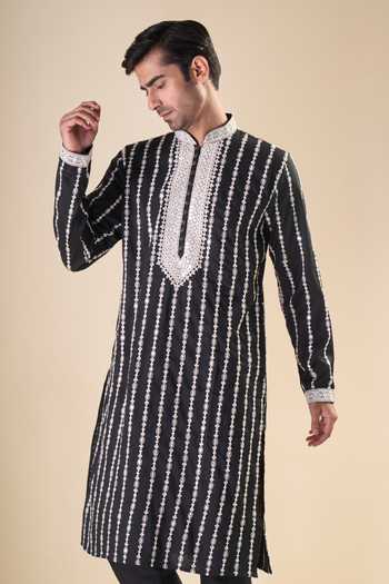 Buy_Arihant Rai Sinha_Black Silk Mirrors, Embroidery Work Straight Kurta With Pyjama _Online_at_Aza_Fashions