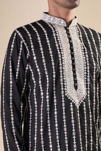 Shop_Arihant Rai Sinha_Black Silk Mirrors, Embroidery Work Straight Kurta With Pyjama _Online_at_Aza_Fashions