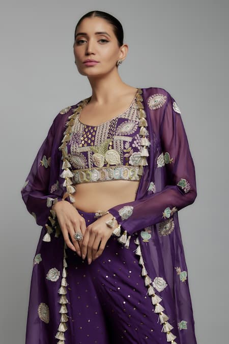 Buy_Payal Singhal_Purple Organza, Georgette, Muslin Tassels, Floral Butti Hand Jacket Sharara Set _Online_at_Aza_Fashions