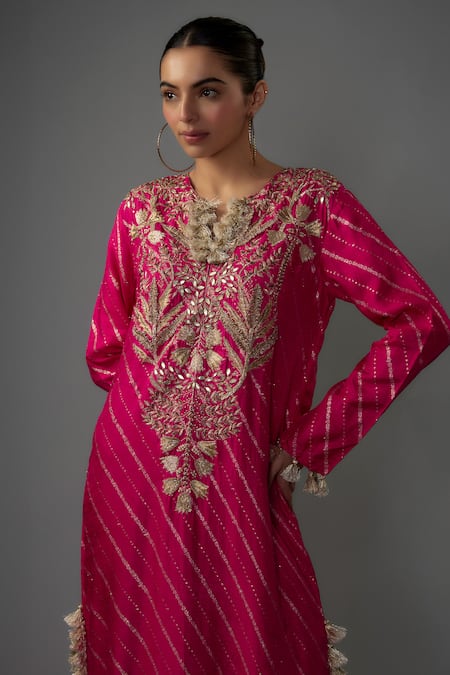 Payal Singhal_Pink Denim Embroidery Round Neck Flower Hand Kaftan _Online_at_Aza_Fashions