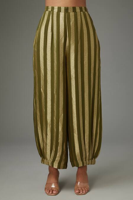 Payal Singhal_Green Georgette, Brocade Zari, Embroidery Split V-neck Panelled Kurta With Pant _Online_at_Aza_Fashions