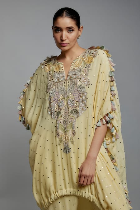 Buy_Payal Singhal_Yellow Muslin, Georgette Tassels Flower Vine Hand Embroidered Kurta With Pant _Online_at_Aza_Fashions