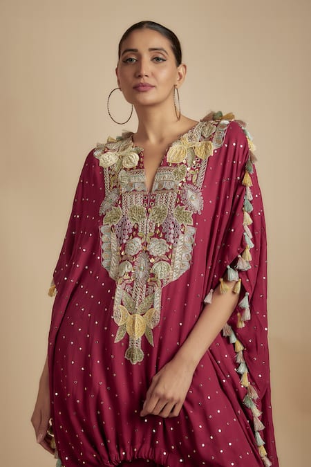 Buy_Payal Singhal_Maroon Muslin, Georgette Tassels, Embroidery, Flower Vine Kurta With Pant _Online_at_Aza_Fashions