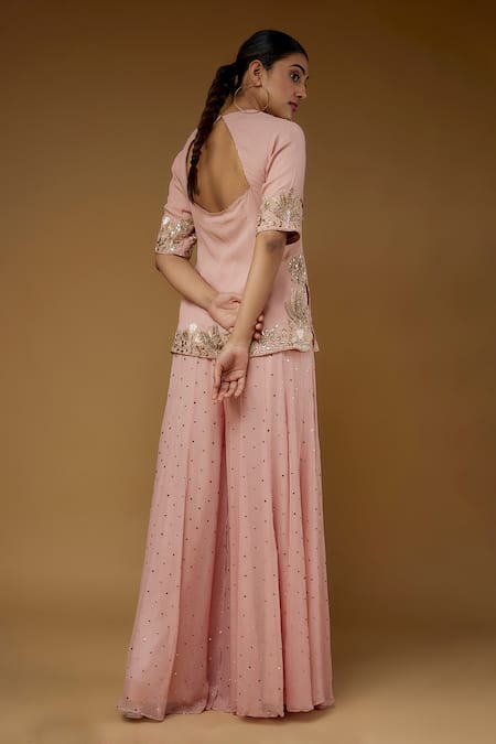 Shop Payal Singhal Pink Georgette, Organza, Muslin Embroidery, Floral Short Kurta And Sharara Set at Aza Fashions Shop_Payal Singhal_Pink Georgette, Organza, Muslin Embroidery, Floral Short Kurta And Sharara Set _at_Aza_Fashions