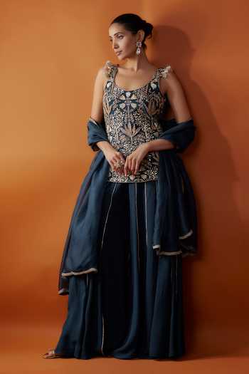 Buy Payal Singhal Blue Organza, Georgette Cut Work, Zari, Flower Vine Kurta Sharara Set at Aza Fashions Buy_Payal Singhal_Blue Organza, Georgette Cut Work, Zari, Flower Vine Kurta Sharara Set _at_Aza_Fashions