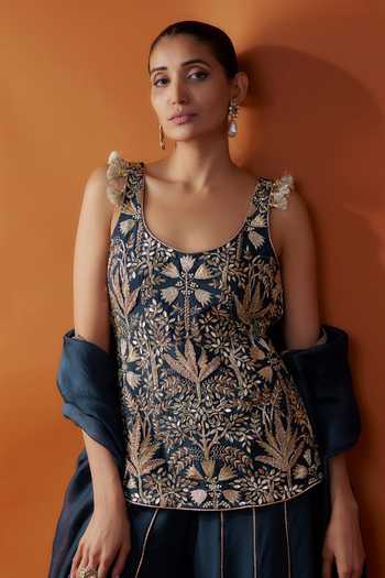 Buy Payal Singhal Blue Organza, Georgette Cut Work, Zari, Flower Vine Kurta Sharara Set Online at Aza Fashions Buy_Payal Singhal_Blue Organza, Georgette Cut Work, Zari, Flower Vine Kurta Sharara Set _Online_at_Aza_Fashions