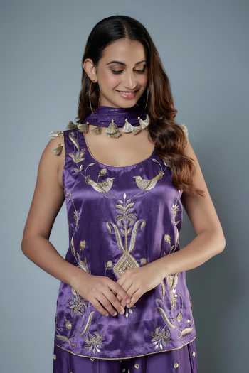 Buy_Payal Singhal_Purple Georgette, Lurex Tassels, Floral Birds Embroidered Kurta Sharara Set _Online_at_Aza_Fashions