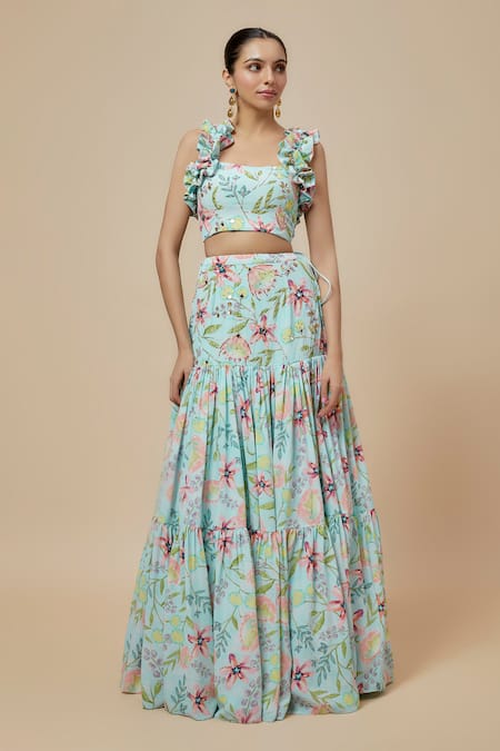 Payal Singhal Multi Color Crepe Print Floral Dream Square Neck Lehenga With Blouse 