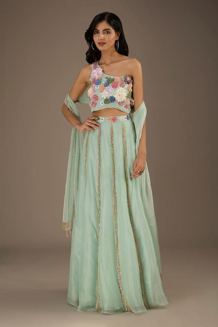 Payal Singhal Blue Georgette Hand Embroidery 3d Floral Asymmetric Flower Blouse Lehenga Set 