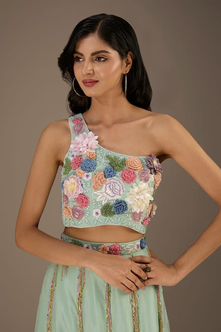 Buy_Payal Singhal_Blue Organza, Georgette Beads, Embroidery 3d Flower Hand Blouse Lehenga Set _Online_at_Aza_Fashions