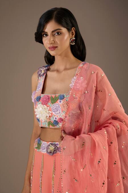 Payal Singhal Peach Georgette Hand Embroidery 3d Floral Square Neck Bloom Blouse Lehenga Set  4