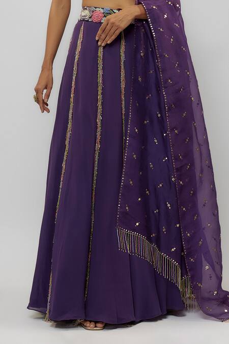 Payal Singhal Purple Georgette, Muslin Beads Floral Bloom Embroidered Blouse Lehenga Set Online at Aza Fashions Payal Singhal_Purple Georgette, Muslin Beads Floral Bloom Embroidered Blouse Lehenga Set _Online_at_Aza_Fashions