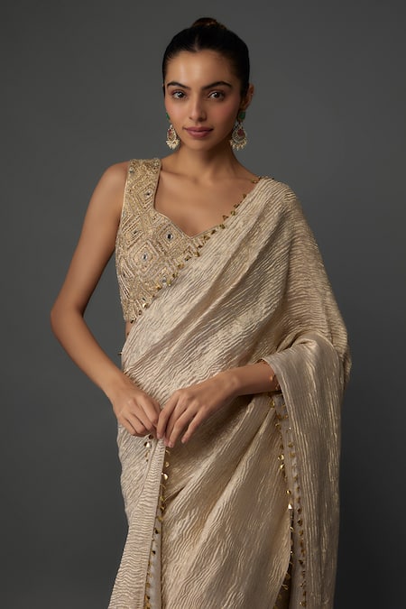 Payal Singhal_Gold Tissue, Georgette Embroidery Polo Pre-draped Textured Saree With Blouse _Online_at_Aza_Fashions