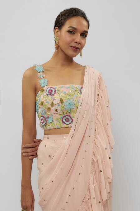 Payal Singhal Pink Georgette, Muslin Embroidery, Beads Square Pre-draped Saree With Blouse Online at Aza Fashions Payal Singhal_Pink Georgette, Muslin Embroidery, Beads Square Pre-draped Saree With Blouse _Online_at_Aza_Fashions