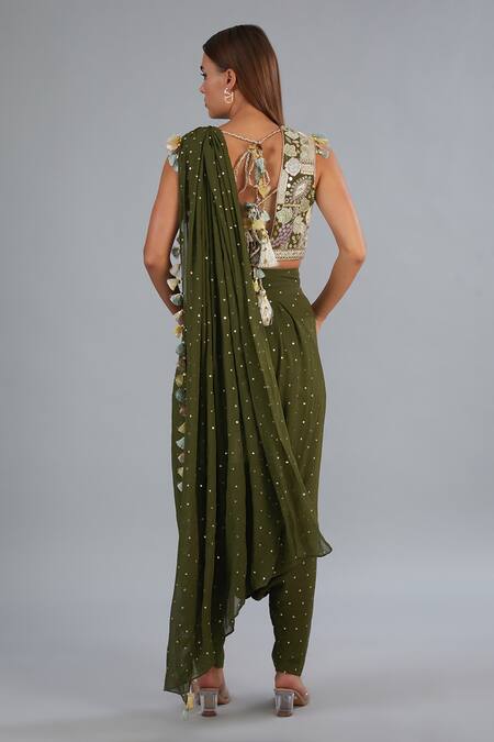 Shop Payal Singhal Green Georgette Embroidery Round Neck Pre-draped Dhoti Pant Saree With Blouse at Aza Fashions Shop_Payal Singhal_Green Georgette Embroidery Round Neck Pre-draped Dhoti Pant Saree With Blouse_at_Aza_Fashions