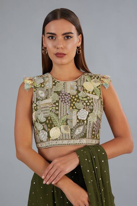 Payal Singhal Green Georgette Embroidery Round Neck Pre-draped Dhoti Pant Saree With Blouse Online at Aza Fashions Payal Singhal_Green Georgette Embroidery Round Neck Pre-draped Dhoti Pant Saree With Blouse_Online_at_Aza_Fashions