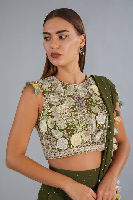 Buy Payal Singhal Green Georgette Embroidery Round Neck Pre-draped Dhoti Pant Saree With Blouse Online at Aza Fashions Buy_Payal Singhal_Green Georgette Embroidery Round Neck Pre-draped Dhoti Pant Saree With Blouse_Online_at_Aza_Fashions
