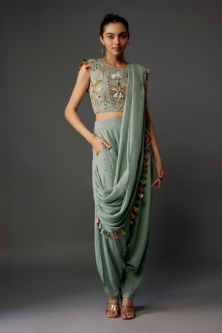 Payal Singhal Pre-Draped Mukaish Embroidered Dhoti Pant Saree With Blouse 