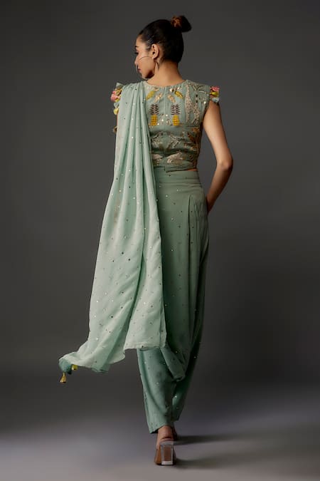 Payal Singhal Pre-Draped Mukaish Embroidered Dhoti Pant Saree With Blouse 