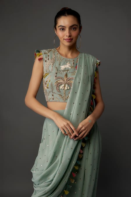 Payal Singhal Blue Georgette Pre-draped Mukaish Embroidered Dhoti Pant Saree With Blouse Online at Aza Fashions Payal Singhal_Blue Georgette Pre-draped Mukaish Embroidered Dhoti Pant Saree With Blouse _Online_at_Aza_Fashions