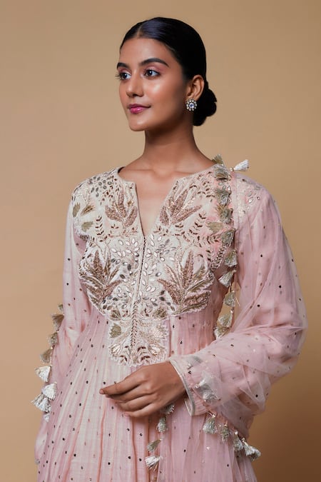 Buy_Payal Singhal_Pink Muslin, Silk Mirrors Split V-neck Mukaish Fern Embroidered Anarkali Set _Online_at_Aza_Fashions