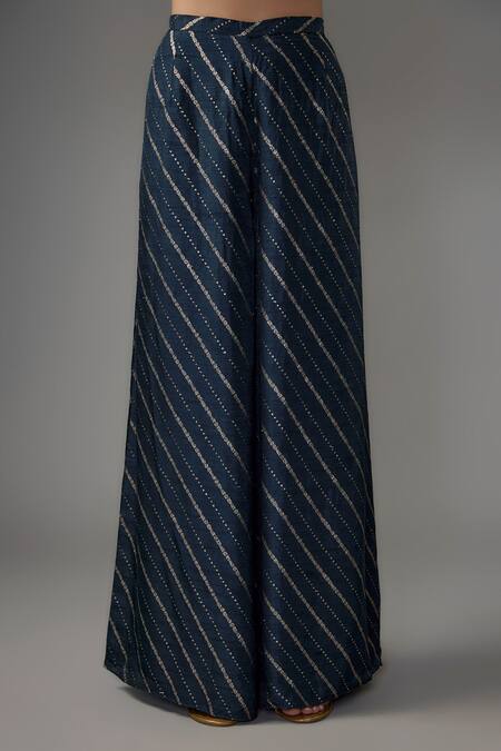 Payal Singhal_Blue Organza, Satin, Denim Tassels, Embroidery, Persian Bloom Kurta Palazzo Set _Online_at_Aza_Fashions