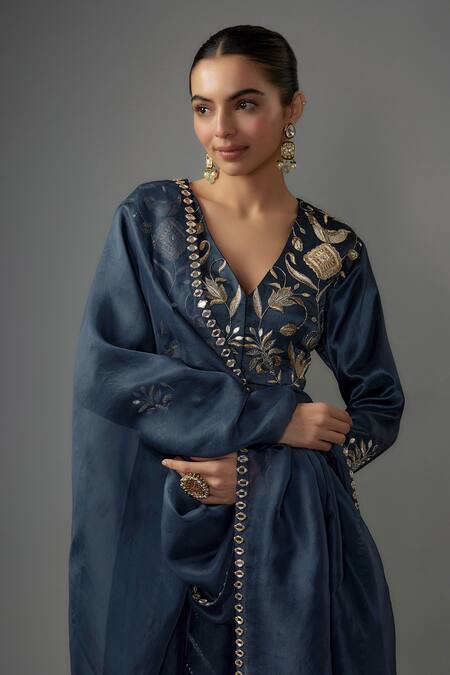 Buy_Payal Singhal_Blue Organza, Satin, Denim Tassels, Embroidery, Persian Bloom Kurta Palazzo Set _Online_at_Aza_Fashions