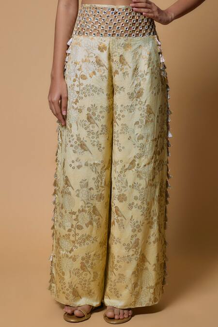 Payal Singhal_Yellow Satin, Brocade Tassels, Sheesh Mahal Embroidered Choli With Palazzo _Online_at_Aza_Fashions