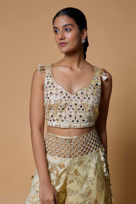Buy_Payal Singhal_Yellow Satin, Brocade Tassels, Sheesh Mahal Embroidered Choli With Palazzo _Online_at_Aza_Fashions