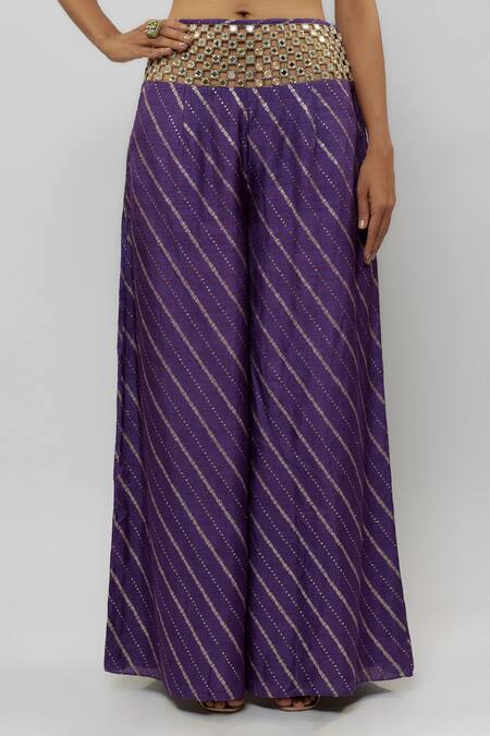 Payal Singhal_Purple Georgette, Denim Embroidery, Mirrors Round Blossom Choli With Palazzo _Online_at_Aza_Fashions