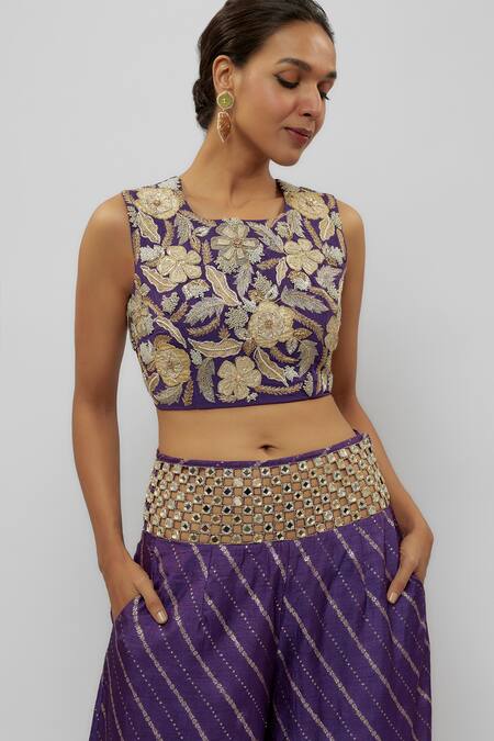 Buy_Payal Singhal_Purple Georgette, Denim Embroidery, Mirrors Round Blossom Choli With Palazzo _Online_at_Aza_Fashions